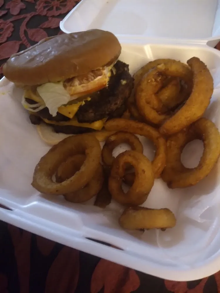 Jumbb Double Cheeseburger and Onion Rings